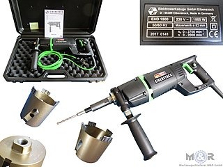 Eibenstock EHD 1500 - Diamant-Trocken-Kernbohrmaschine + Diamant-Dosensenker Typ "Laser-Profi" mit Ø 68 + 82 mm als Set! | as ideale Werkzeug zum Dosensenken bis Durchmesser 82 mm. Für Mauerwerk, Gasbeton, Estrich, Kalksandstein weich, Ziegel weich.