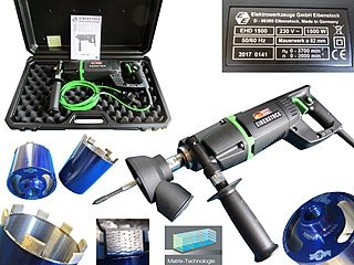 Eibenstock Diamant-Trocken-Kernbohrmaschine EHD 1500 + Diamant-Dosensenker Typ "Matrix" als Set mit Staubabsaugung. | Das ideale Werkzeug zum Dosensenken bis Durchmesser 82 mm. Für harten Beton, Hartbrandklinker, harten Kalksandstein, sehr hartes Mauerwerk